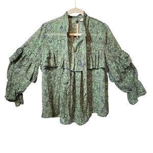 Lucky Brand 1X Paisley Print Blouse Ruffle Sleeve Top Boho Keyhole Green‎